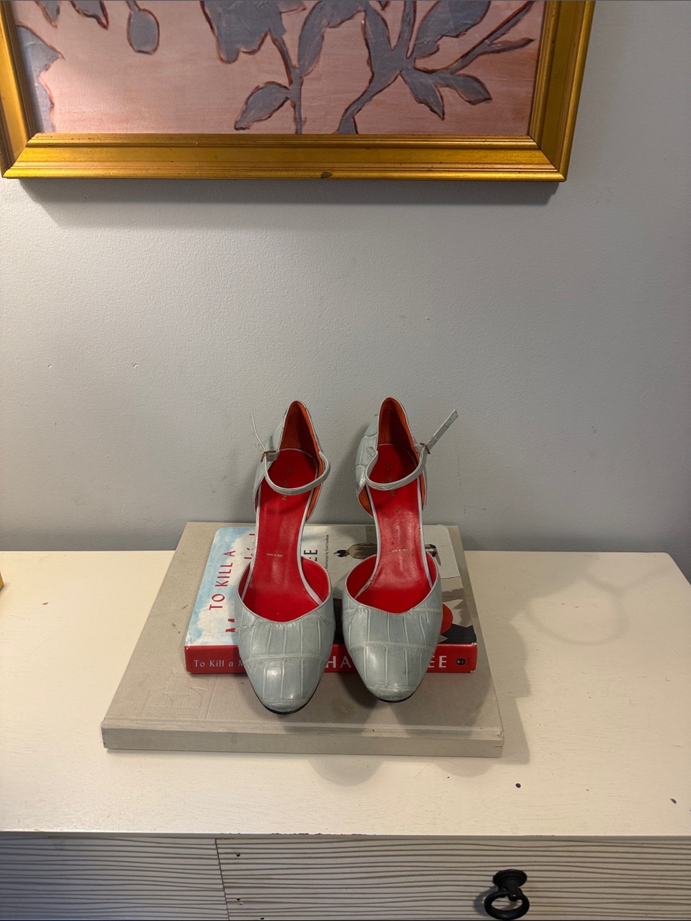 St. John Light Gray Croc-Effect Ankle-Strap Pumps with Red Lining